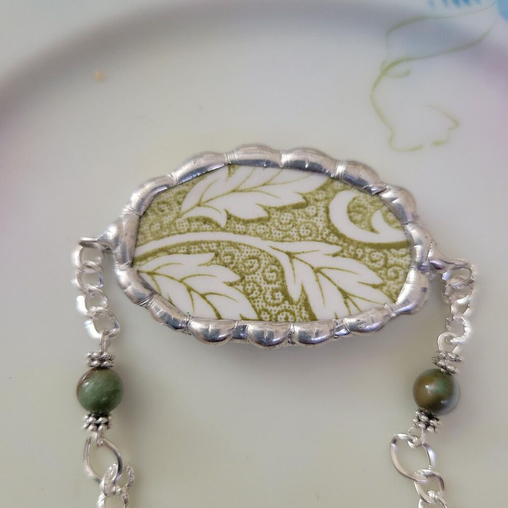 Broken China Bracelet – Handcrafted Olive Green Botanical Porcelain Onyx Beads